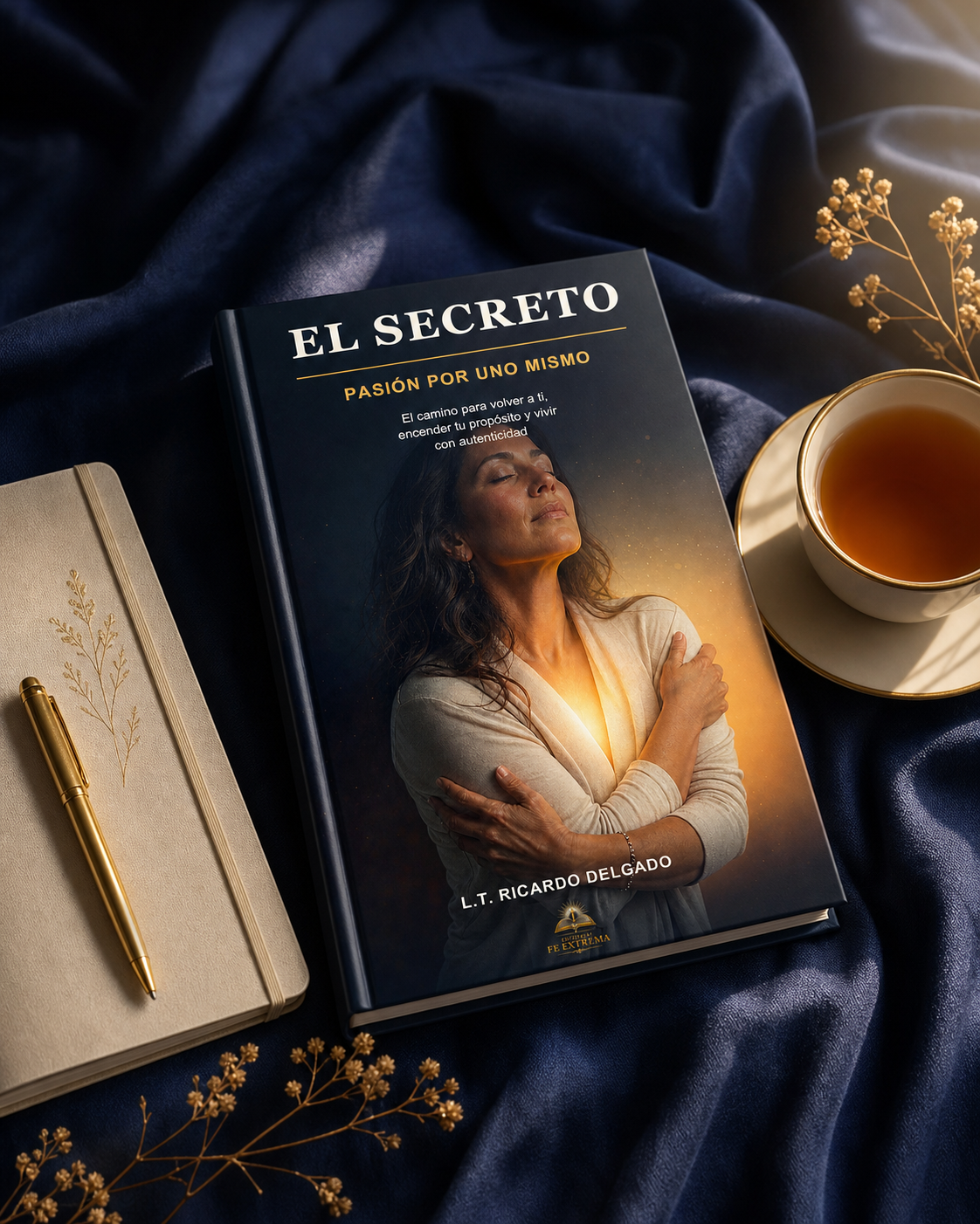 Mockup del libro El Secreto sobre una mesa de lectura