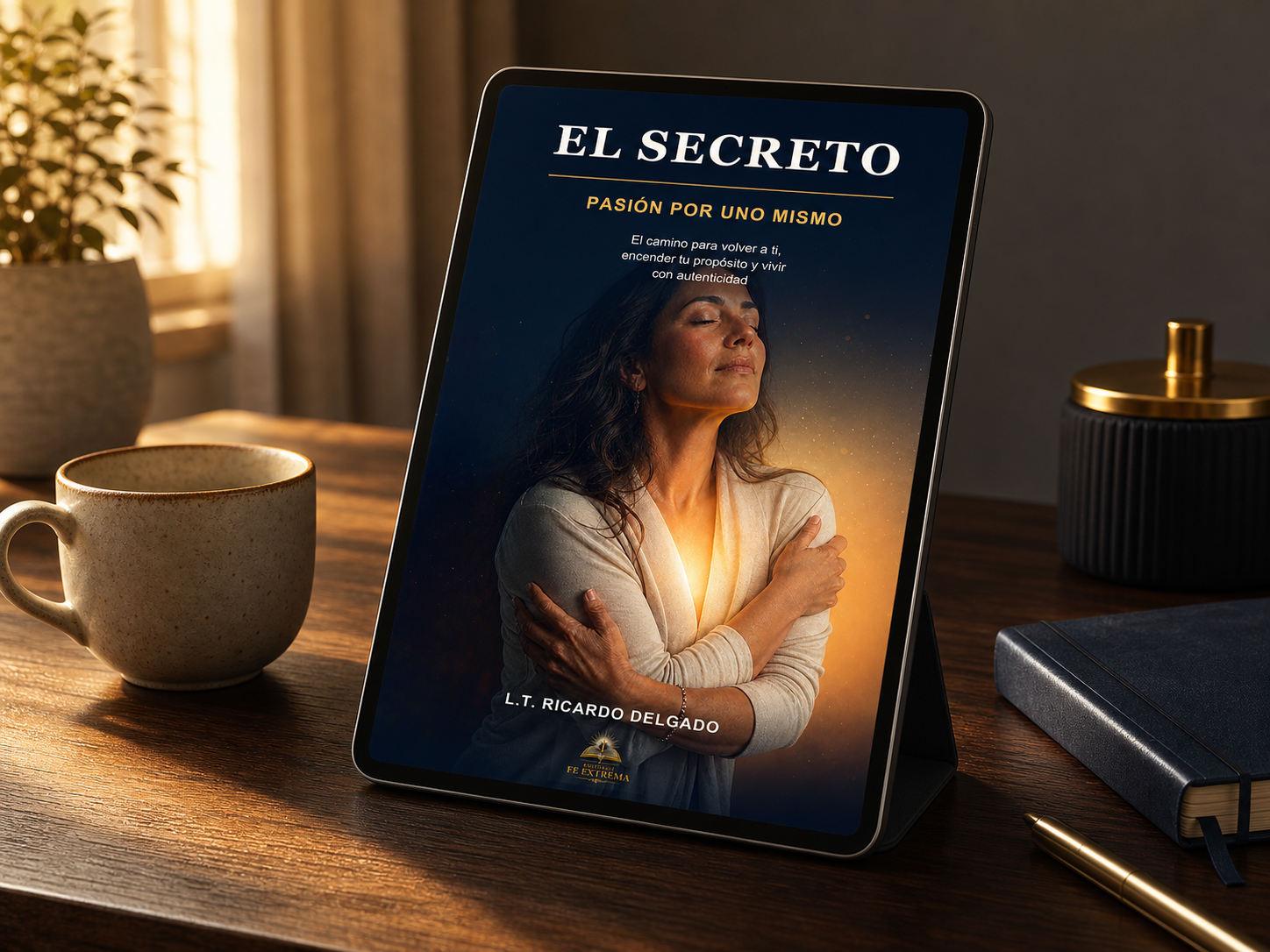 El e-book El Secreto mostrado en una tableta junto a una taza